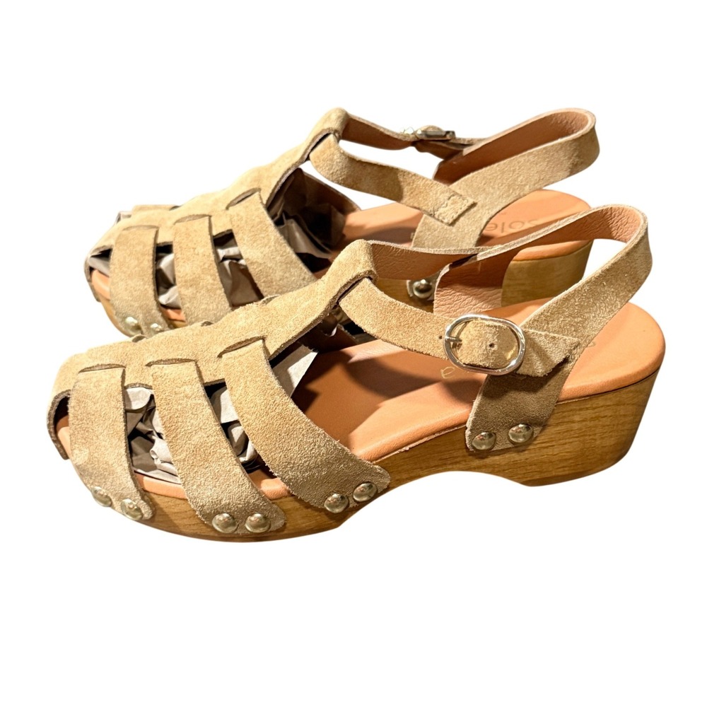 SoleTerra Spanish Studded Suede Fisherman Platform Wood Clog Sandal,Tan,36EU/6US